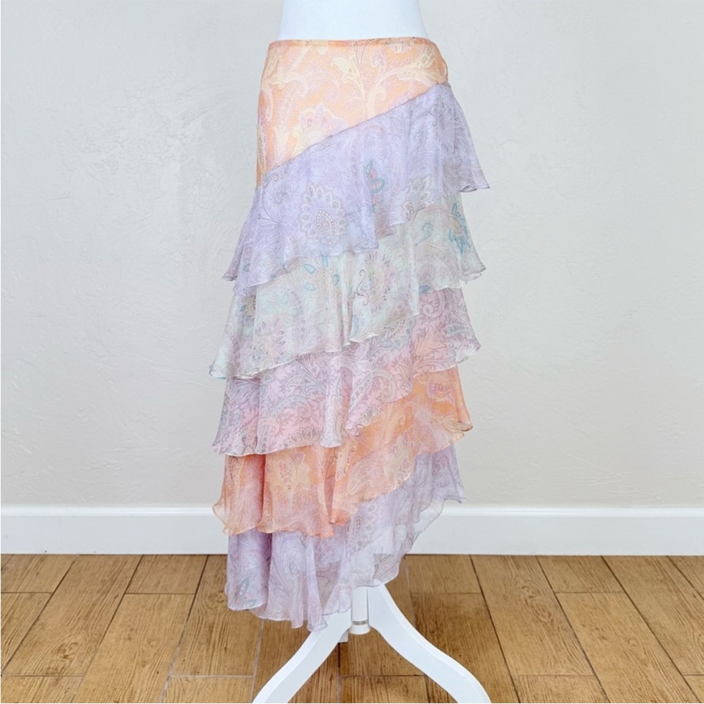 RALPH LAUREN Black Label Silk Tiered Asymmetrical Pastel Paisley Midi Skirt 6